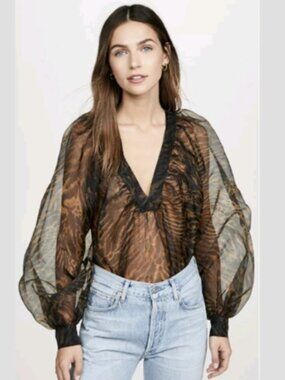 GANNI Animal Print Organza Blouse in Multi Size 10